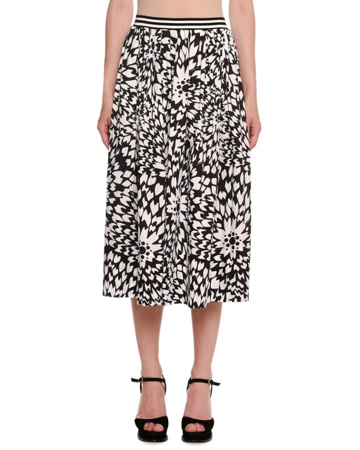 Dahlia-print A-line Midi Skirt W/ Striped Waistband
