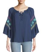 Embroidered-sleeve Tie-neck Frilled Blouse