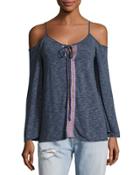 Cold-shoulder Bell-sleeve Ribbed Top, Gray