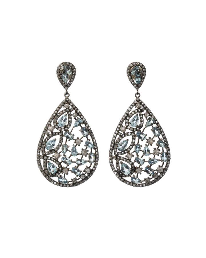 Silver Pear Drop Earrings With Champagne Diamonds & Aquamarine