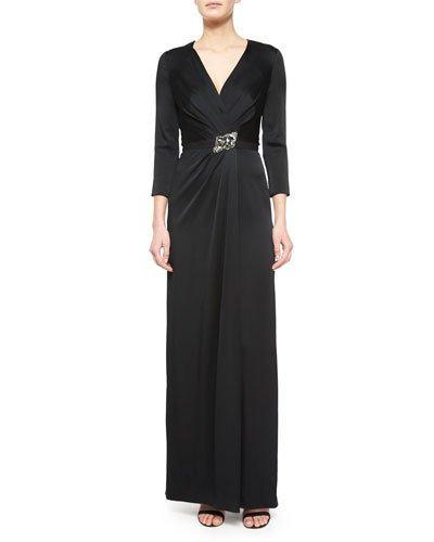 Crystal-embellished 3/4-sleeve Satin Gown, Black