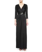 Crystal-embellished 3/4-sleeve Satin Gown, Black