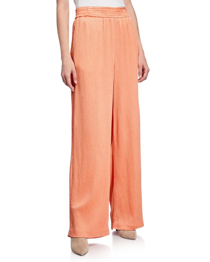 Hammered Satin Smocked Wide-leg Track Pants