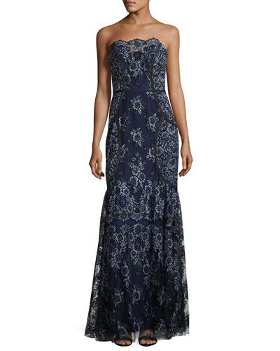 Strapless Metallic Lace-overlay Gown, Black/blue