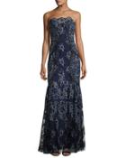 Strapless Metallic Lace-overlay Gown, Black/blue