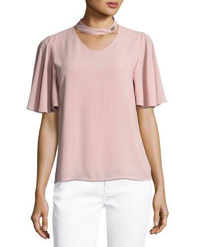Neck Cutout Flutter-sleeve Blouse, Pink