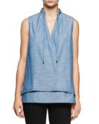 Sleeveless Double-hem Chambray Tunic, Blue