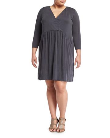 3/4-sleeve V-neck Tunic Dress, Charcoal,
