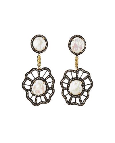Asymmetric Baroque Pearl & Multicolored Diamond Drop Earrings