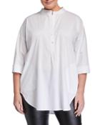 Plus Size 3/4-sleeve Half-button Oversized Stretch-cotton