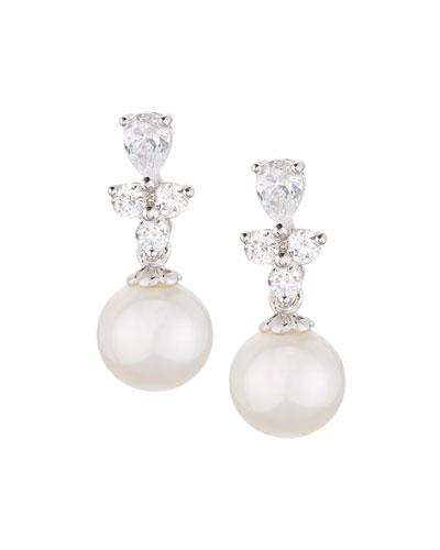 Round Pearl & Cz Crystal Cluster Drop Earrings