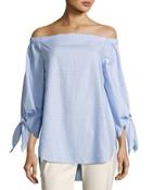 Off-the-shoulder Shirting Blouse, Blue/white