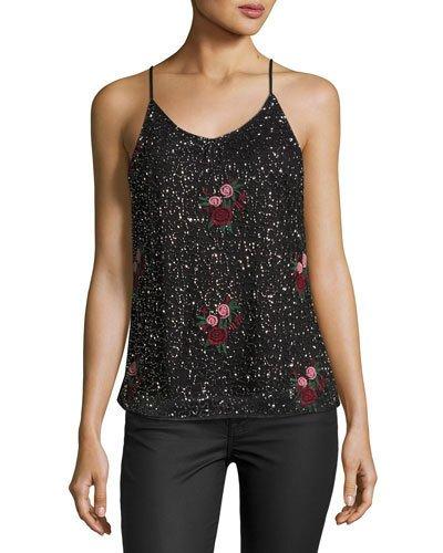 Floral-embroidered Beaded Tank