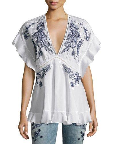 Embroidered V-neck Cotton Blouse, White