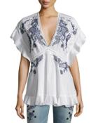 Embroidered V-neck Cotton Blouse, White