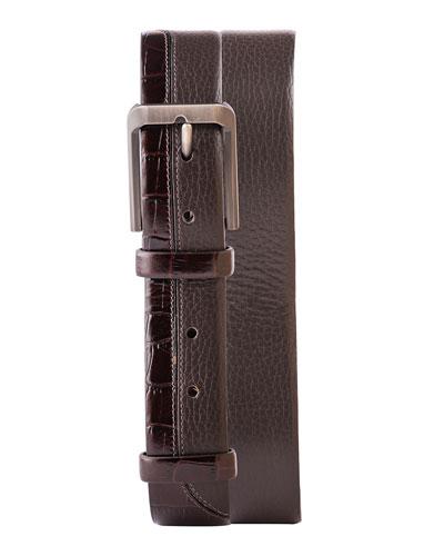 Embossed-trim Leather Belt, Burgundy