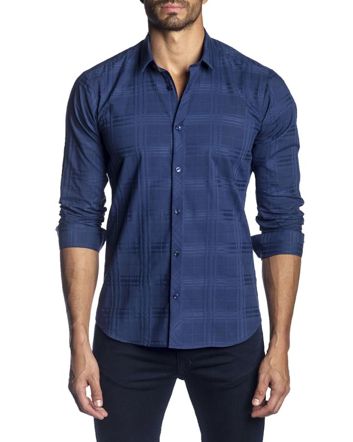 Men's Semi-fitted Tonal Plaid Long-sleeve Button-down