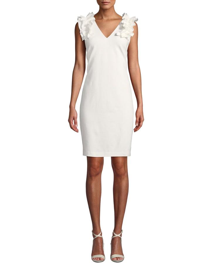 At Last V-neck Sleeveless Tropical Ponte Dress W/ Ruffle Detail