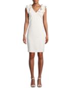 At Last V-neck Sleeveless Tropical Ponte Dress W/ Ruffle Detail