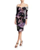 Floral Off-the-shoulder 3/4-sleeve Cocktail Dress