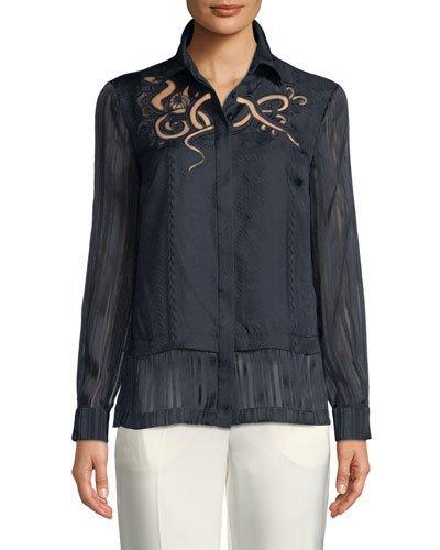 Embroidered Silk Button-front Blouse