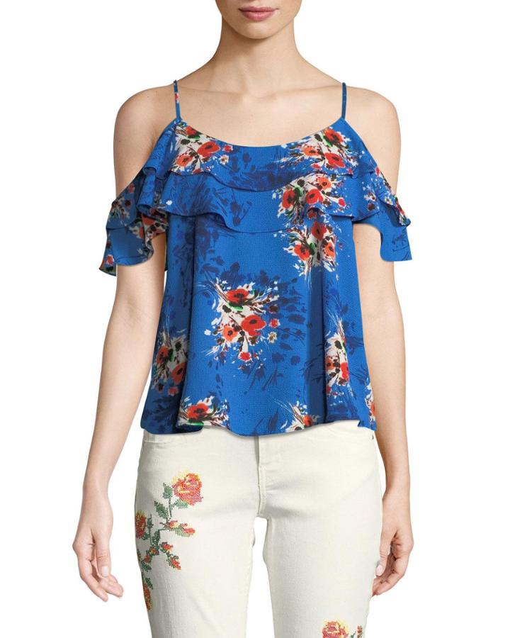 Cold-shoulder Floral Crepe Blouse