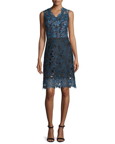 Savon Sleeveless Floral Lace A-line Dress, Navy