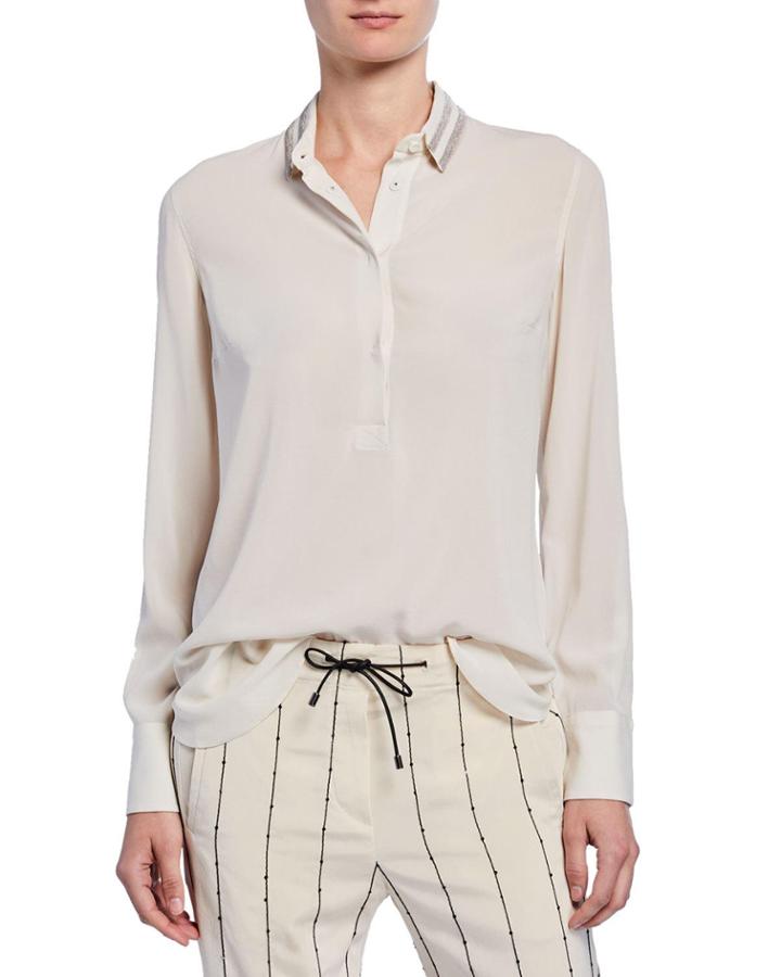 Silk Beaded Henley Long-sleeve