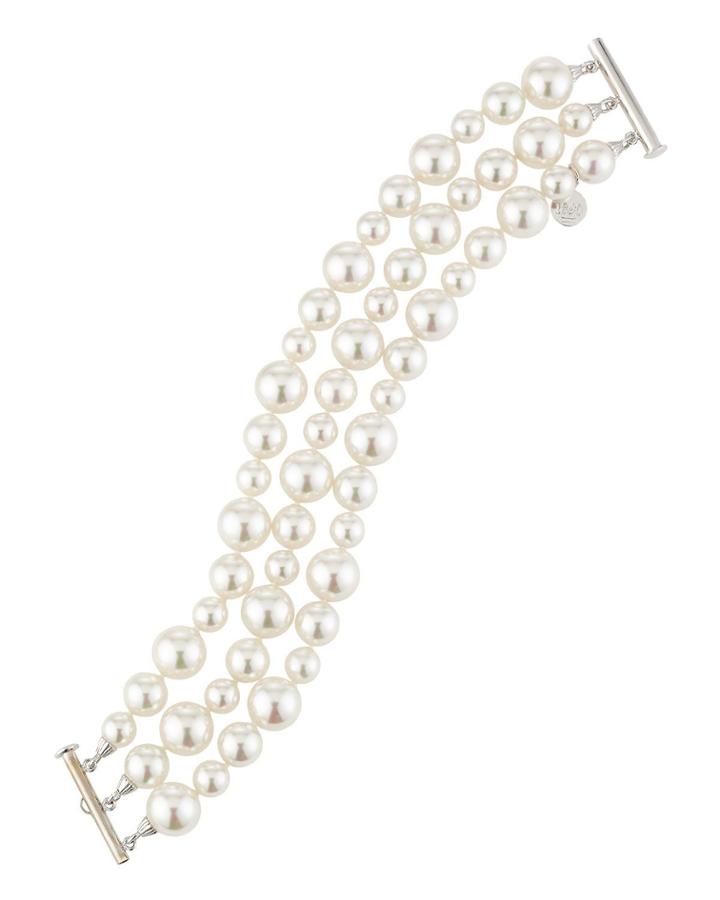 Triple-row Round Pearl Bracelet, White