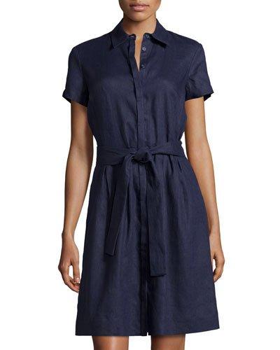 Linen Short-sleeve Belted Shirtdress, Navy