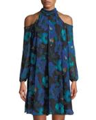 High-neck Cold-shoulder Floral A-line Dress