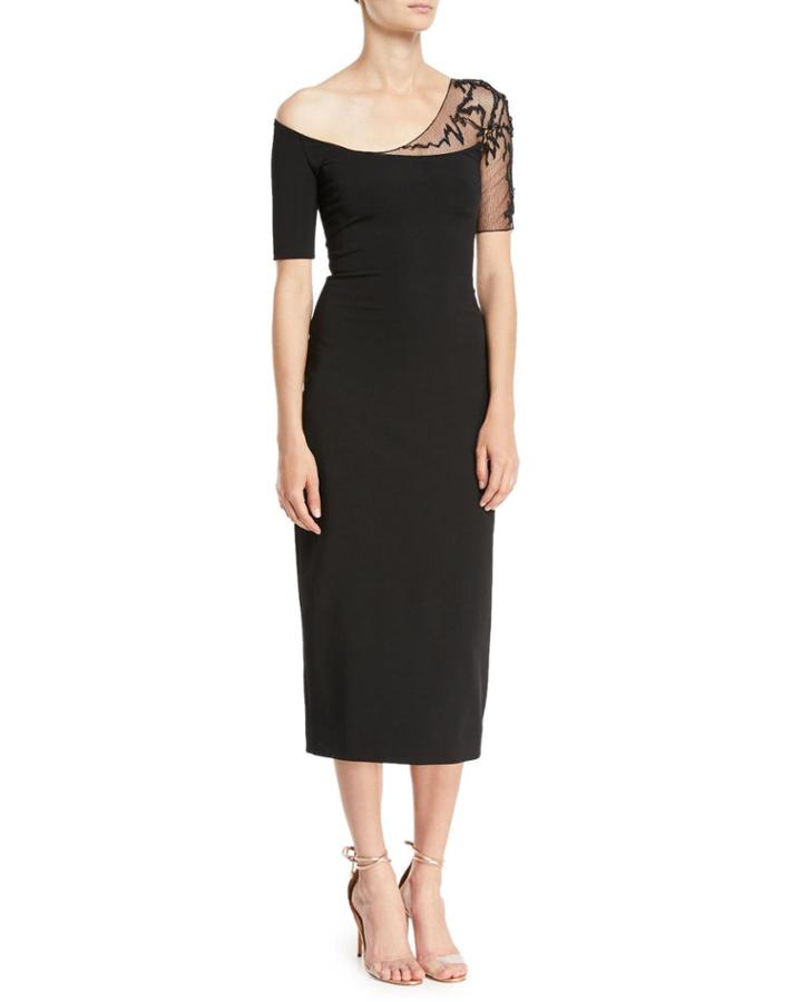 One-shoulder Short-sleeve Pencil Cocktail Dress W/