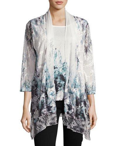 Mesh-overlay Cardigan Top, Blue Pattern