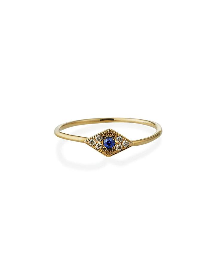 14k Yellow Mini White Diamond Evil Eye Ring,