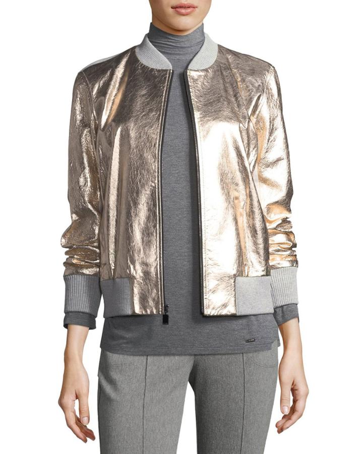 Metallic Napa Leather Bomber Jacket, Gold