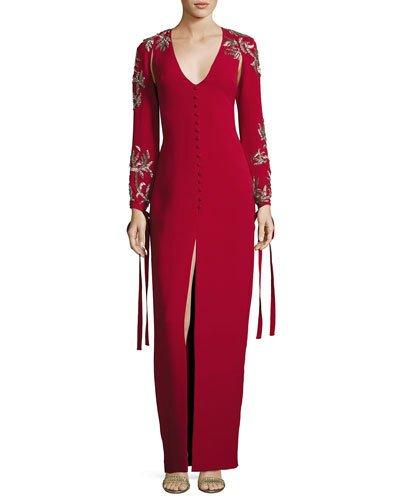 V-neck Embroided-sleeve Gown