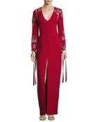 V-neck Embroided-sleeve Gown