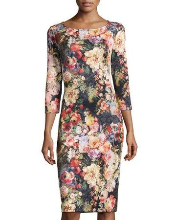 Floral-print Long-sleeve Ponte Dress, Black/pink/orange