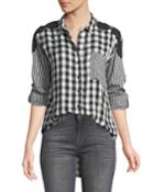 Mixed-gingham Button-front Blouse