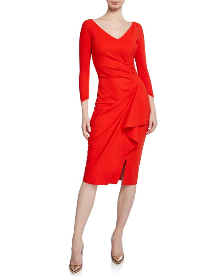 Kloty V-neck 3/4-sleeve Dress With Asymmetric