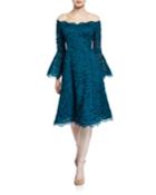 Off-the-shoulder Bell-sleeve Scalloped-lace Cocktail Dress