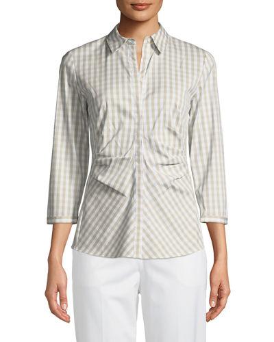 Leigh 3/4-sleeve Pleated Gingham Blouse