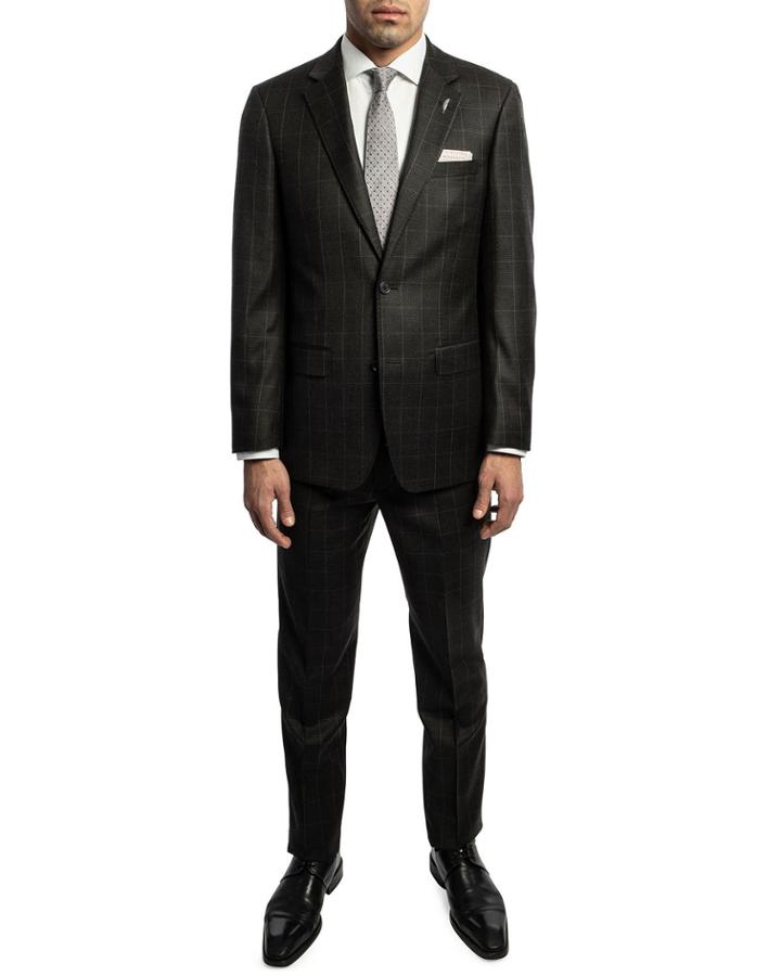 Men's Slim-fit Widowpane Wool Two-piece Suit With Wide