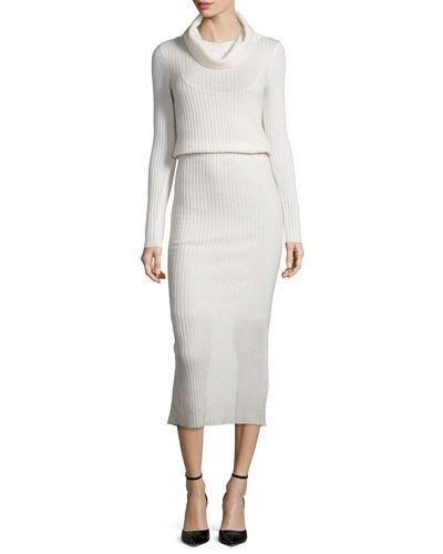 Hailee Ribbed Cowl-neck Sweaterdress, Cream