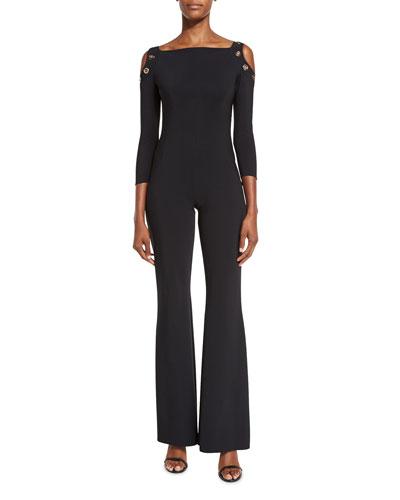 3/4-sleeve Flare-leg Jersey Jumpsuit, Nero