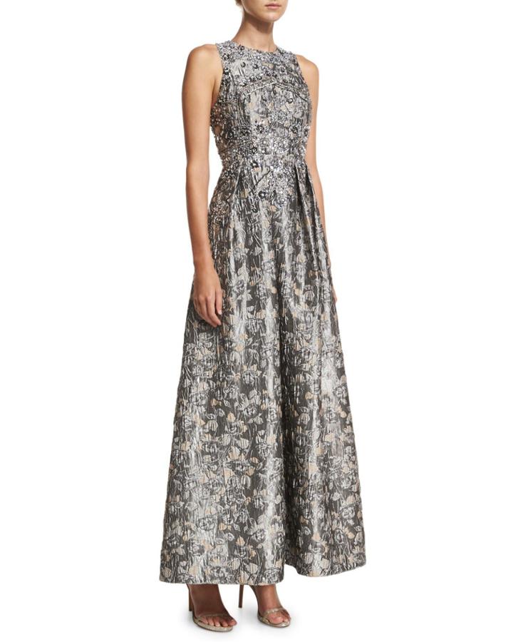 Sleeveless Metallic Brocade Embellished Evening Gown