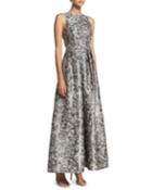 Sleeveless Metallic Brocade Embellished Evening Gown