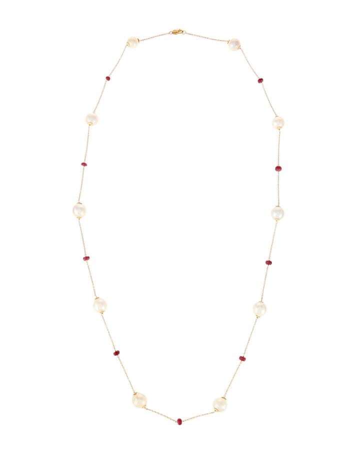 14k Beaded Pearl & Ruby Rope Necklace
