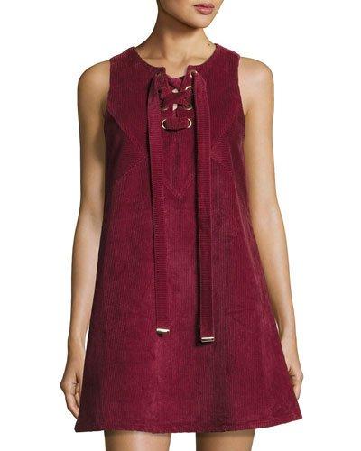 Corduroy Lace-up Shift Dress, Wine