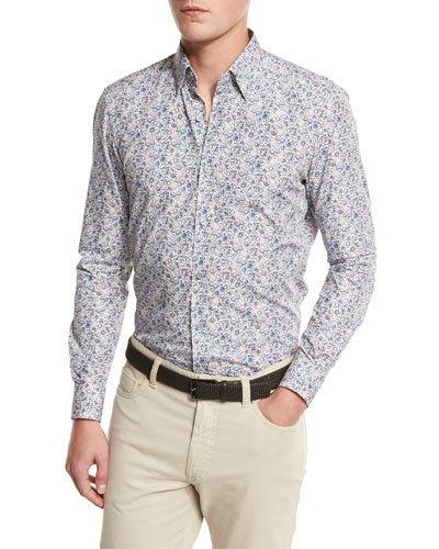 Floral-print Sport Shirt, Medium Beige/blue